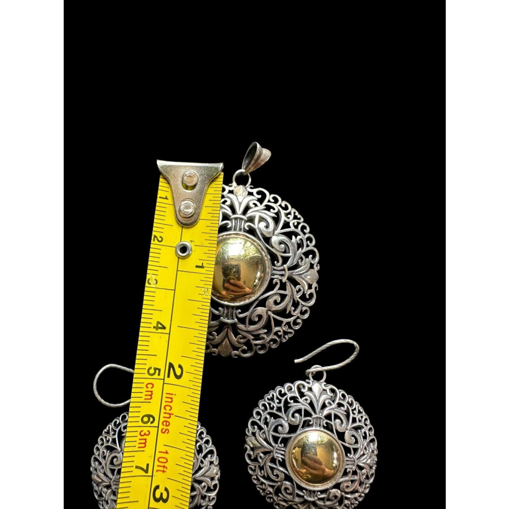 Sterling Silver & 14k Gold Ornate Filigree Drop Dangle Earrings & Pendant - Picture 7 of 9
